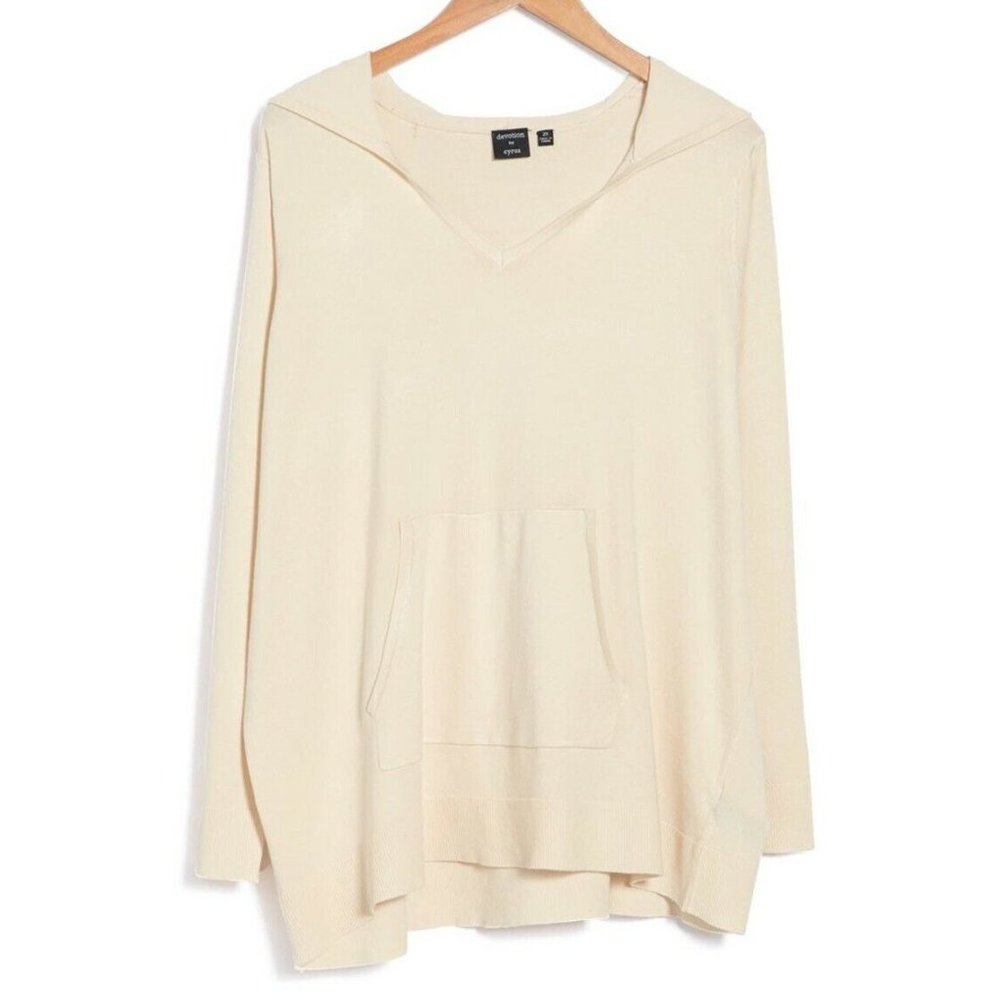 DEVOTION by CYRUS Kangaroo Pocket V-Neck Hoodie Knit Sweater Beige - Size 1X - Picture 3 of 5